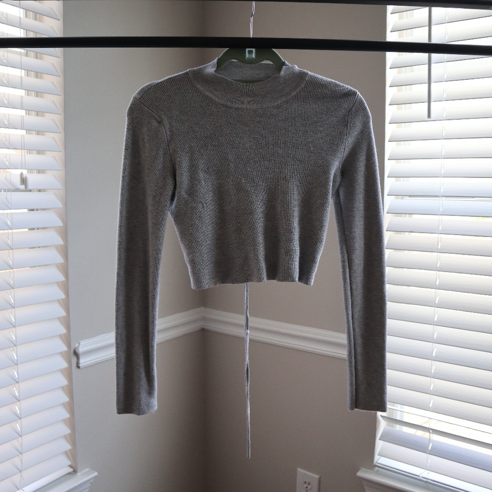 Grey Back Lace Up Crop Sweater